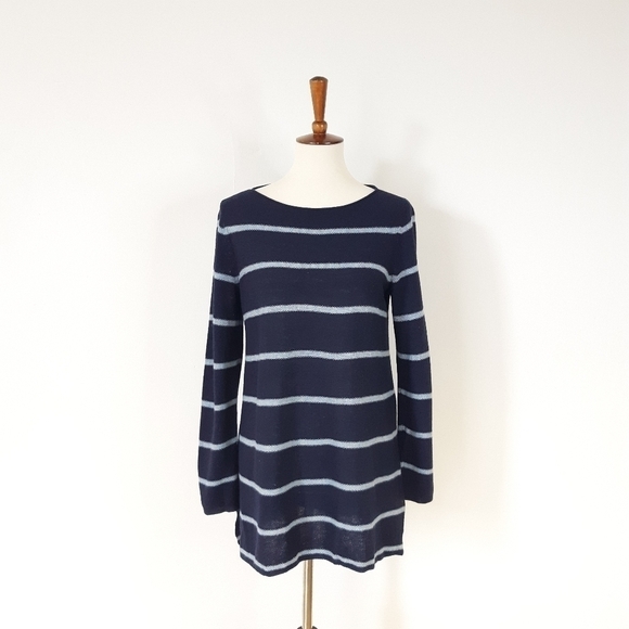 FINAL ⬇️ Eileen Fisher | Merino Blend Striped Bateau Neck Top in Navy - Picture 2 of 7